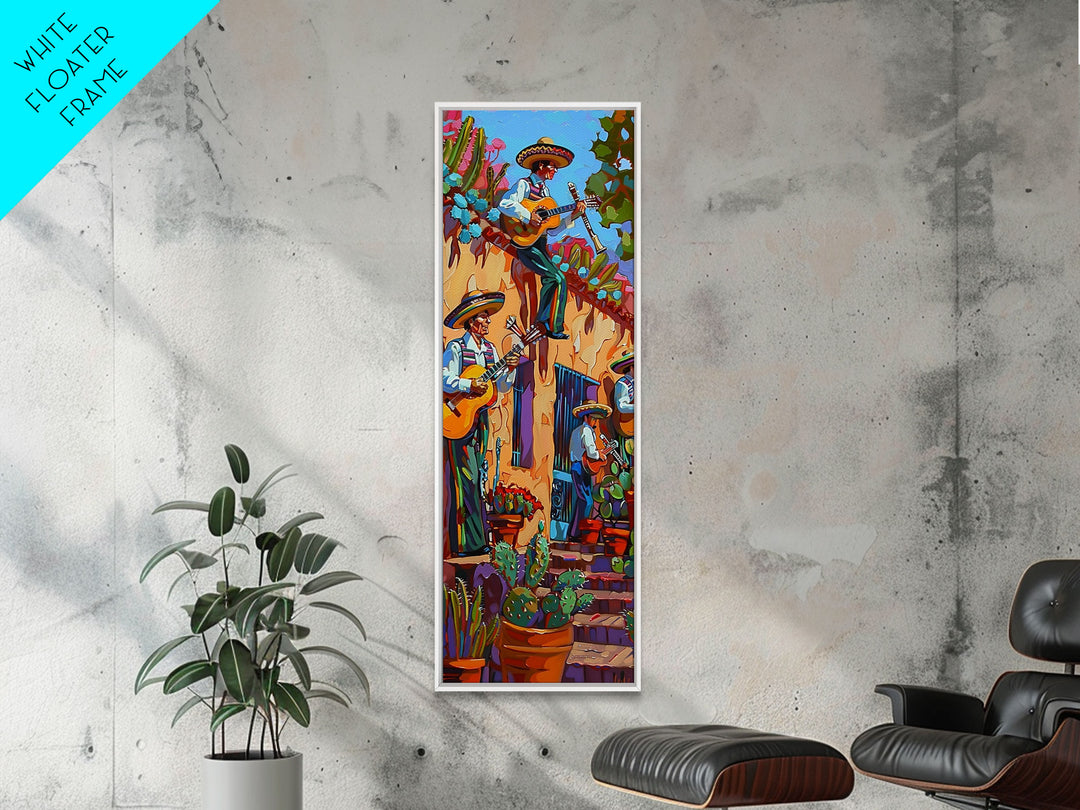 Tall and Narrow Mexican Style Mariachi Band Printed on Framed Canvas, Colorful Botanical Canvas Art, Maximalist Wall Art Print, Spanish Art