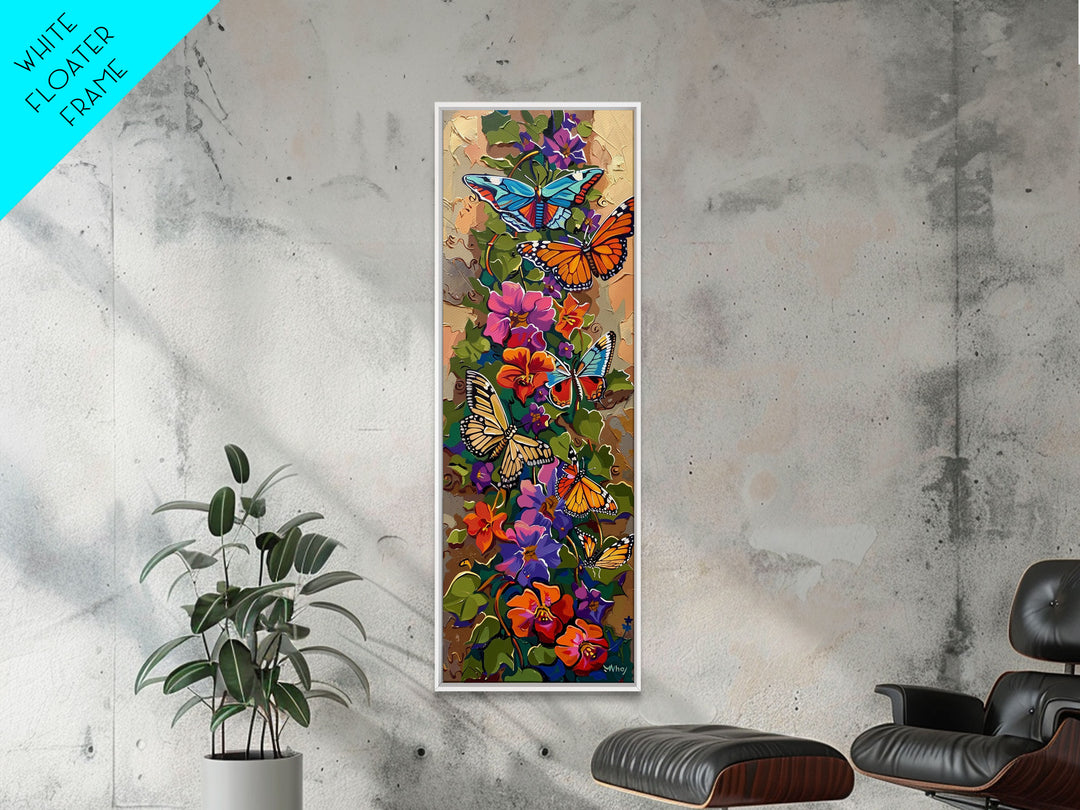 Colorful Abstract Framed Butterfly Canvas Art, Gouache Style Painting, Botanical Wall Art, Oversized Long Narrow Wall Art for Bedroom