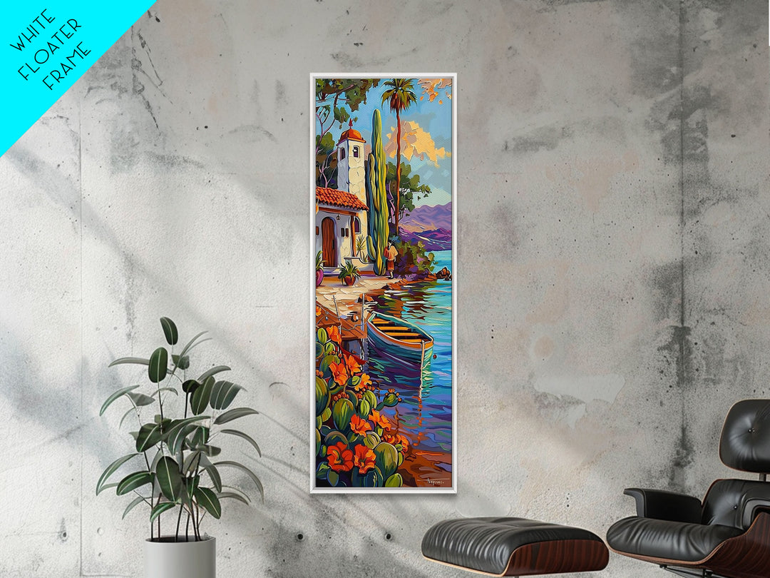 Framed Mediterranean Coast Canvas Painting, Framed Wall Art for Living Room, Contemporary Botanical Art, Tropical Canvas Wall Art Print