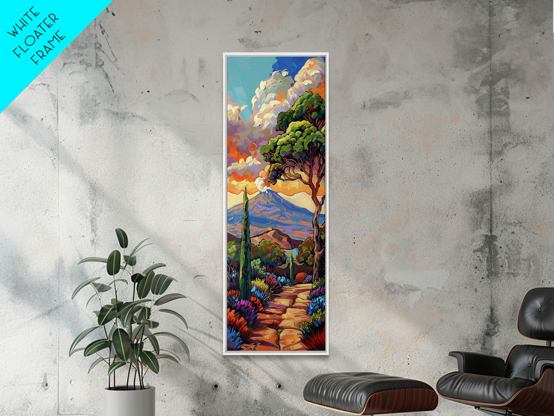 Colorful Textured Canvas Painting of Erupting Volcano Landscape, Tall and Narrow Vertical Art for Office, Mountain Wall Art Prints Framed