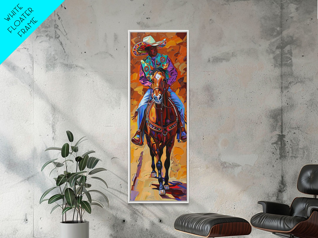 Vertical Acrylic Painting of Colorful Jalisco Cowboy Riding Horse Framed and Printed on Canvas, Mexican Inspired Wall Art for Living Room