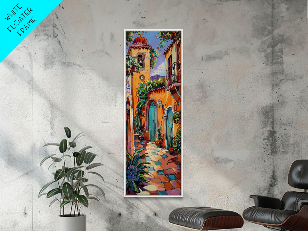 Rustic Colorful Mexican Inspired Hacienda Canvas Painting Framed, Spanish Wall Art Print, Vertical Tall and Narrow Wall Art for Large Space