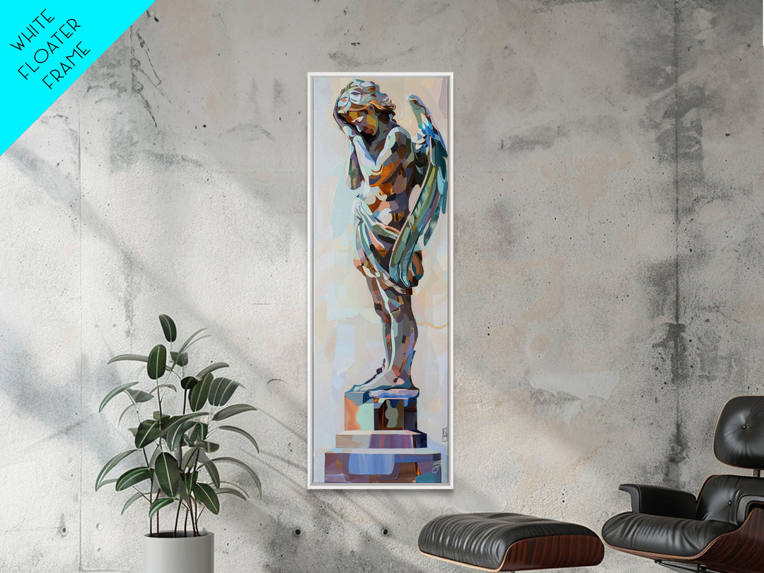 Still Life Canvas Portrait of Concrete Angel Framed and Printed, Gouache Inspired Painting, Vertical Narrow Wall Art, Modern Art Print