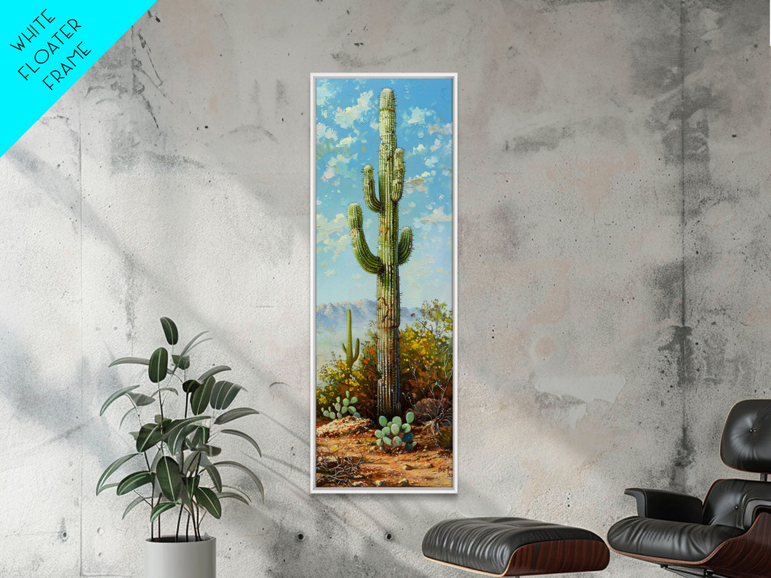 Framed Printed Acrylic Canvas Painting of Saguaro Cactus, Colorful Desert Art Print, Modern Western Wall Art Print, Office Wall Decor