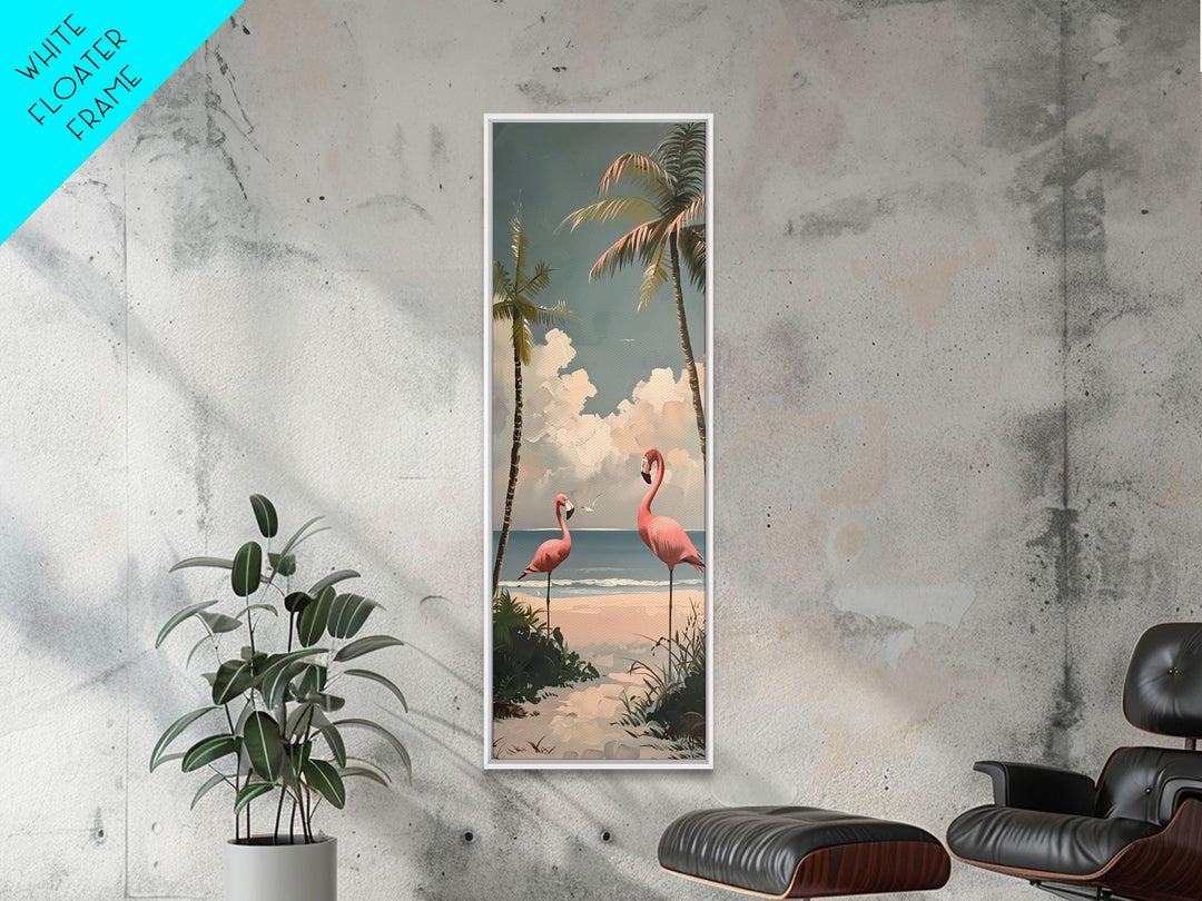 Flamingos on Beach, Coastal Art Framed and Printed on Canvas, Modern Beach House Wall Art Print, Housewarming Gift for Her, Beach Print