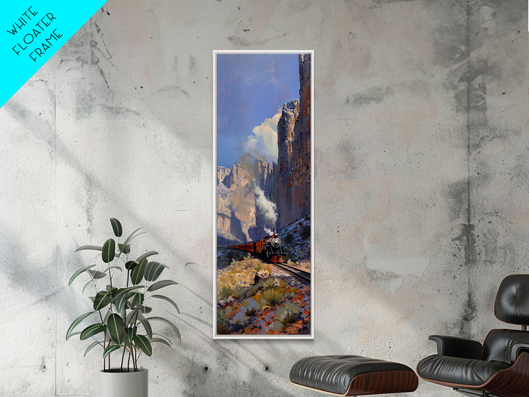 Wild West Art Print of Train in Mountains, Vertical Art, Landscape Art, Western Art, Narrow Wall Art Framed on Canvas, Desert Botanical Art