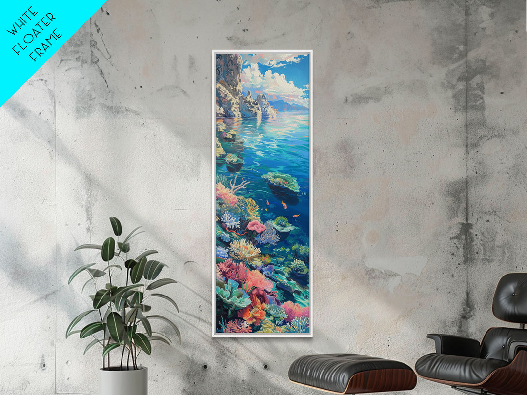 Tall and Narrow Vibrant Coral Reef Coastal Art Framed on Canvas, Ocean Painting, Tropical Coast Wall Art, Modern Art Print for Living Room