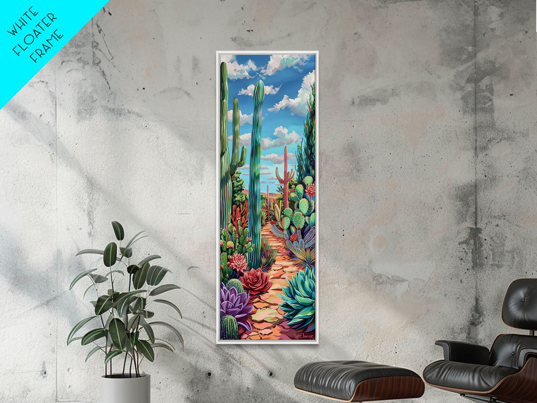 Vertical Printed Framed Canvas Art of Desert Landscape, Colorful Botanical Cactus Painting, Southwestern Wall Art, Vintage Canvas Art