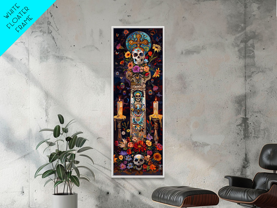 Dia De Los Muertos Sugar Skull Canvas Painting, Gothic Wall Art Print, Skinny Framed Canvas Art, Colorful Day of The Dead Poster Art