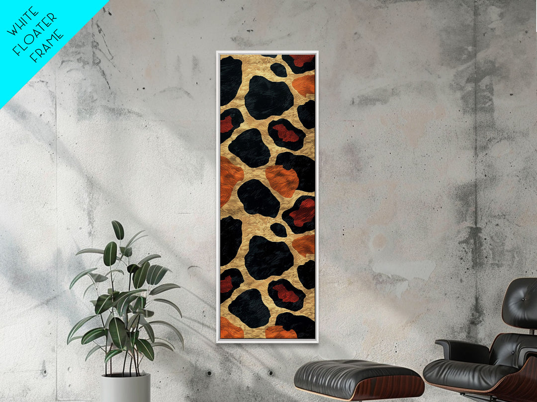 Textured Leopard Print with Red Accents - Framed Canvas Print, Midcentury Modern Wall Art, Skinny Art, Tall Art, Living Room Decor