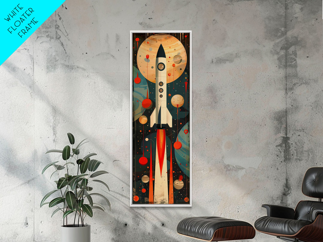 Vintage Rocket Launch Art - Framed Canvas Print, Midcentury Modern Skinny Art, Tall Wall Art for Living Room or Bedroom Decor