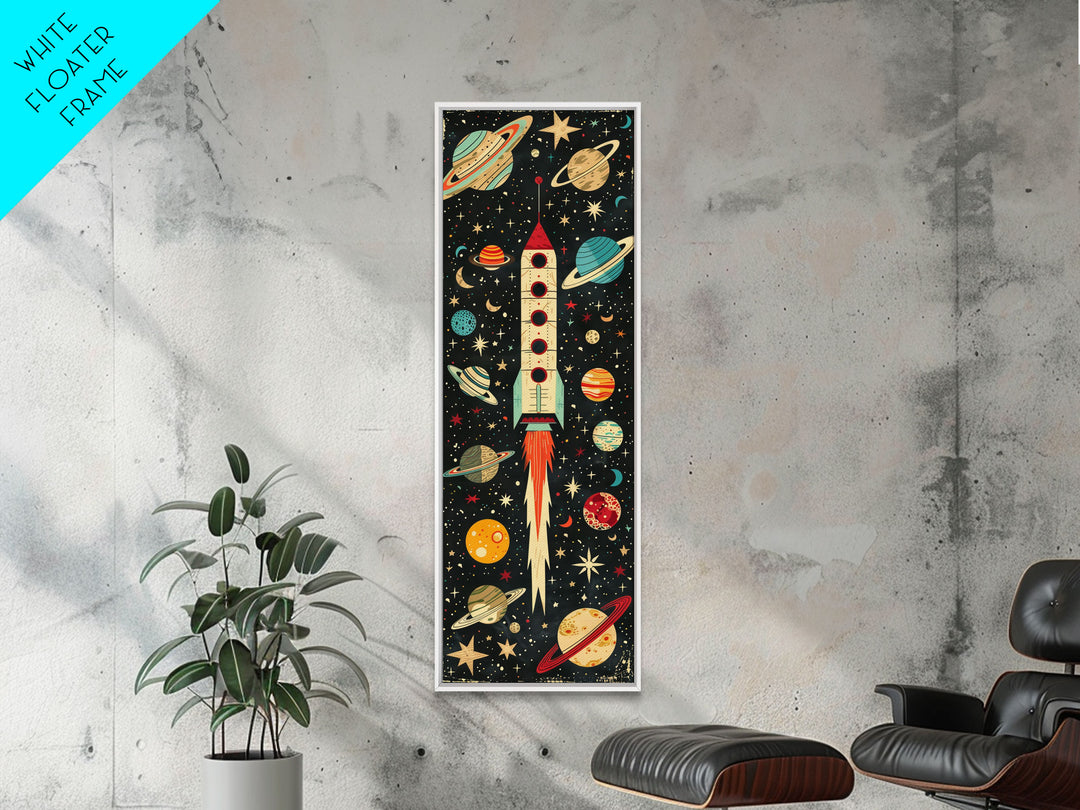 Space Exploration Art with Planets - Framed Canvas Print, Midcentury Modern Skinny Art, Tall Wall Art for Living Room or Bedroom Decor