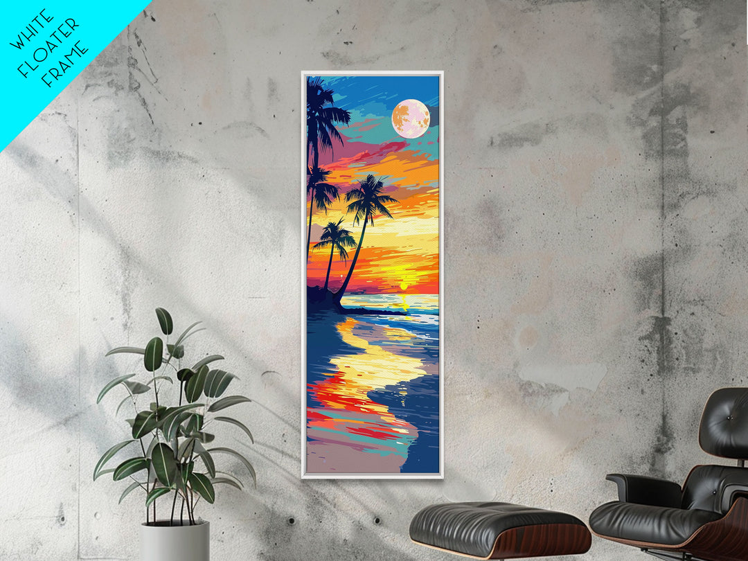 Vibrant Tropical Sunset Midcentury Modern Art - Framed Canvas Print, Boho Art, Skinny Art, Living Room Art, Bedroom Decor, Coastal Landscape