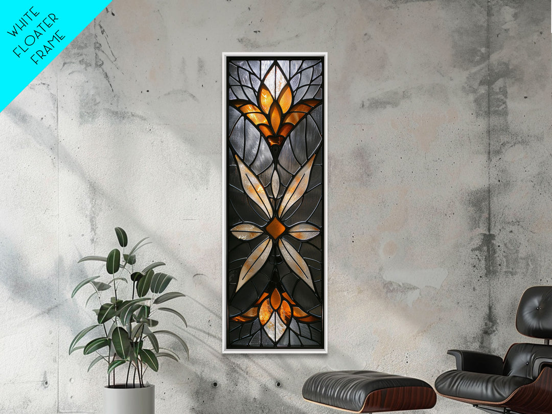 Amber and White Stained Glass Floral Design - Framed Canvas Print, Midcentury Modern Art, Skinny Art, Tall Art, Living Room Wall Decor, Boho Art