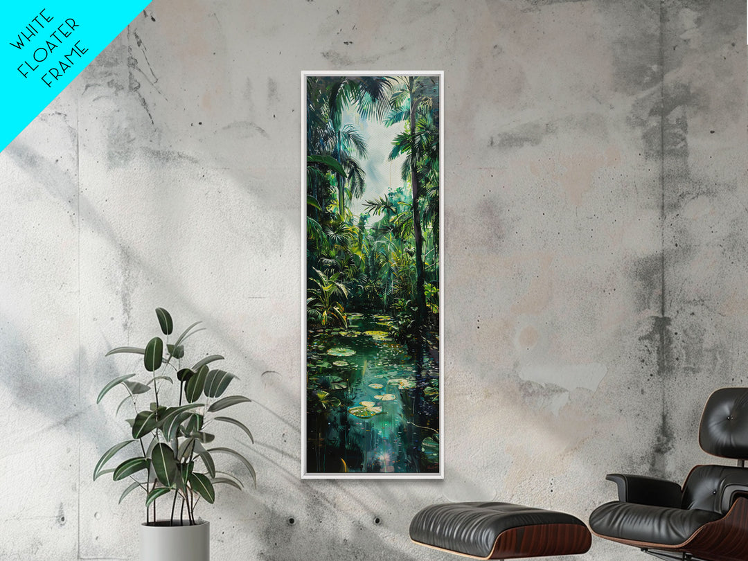 Tropical Island Paradise Scene With Mountain Reflections Skinny Art Framed Canvas Print For Living Room Or Bedroom Wall Art