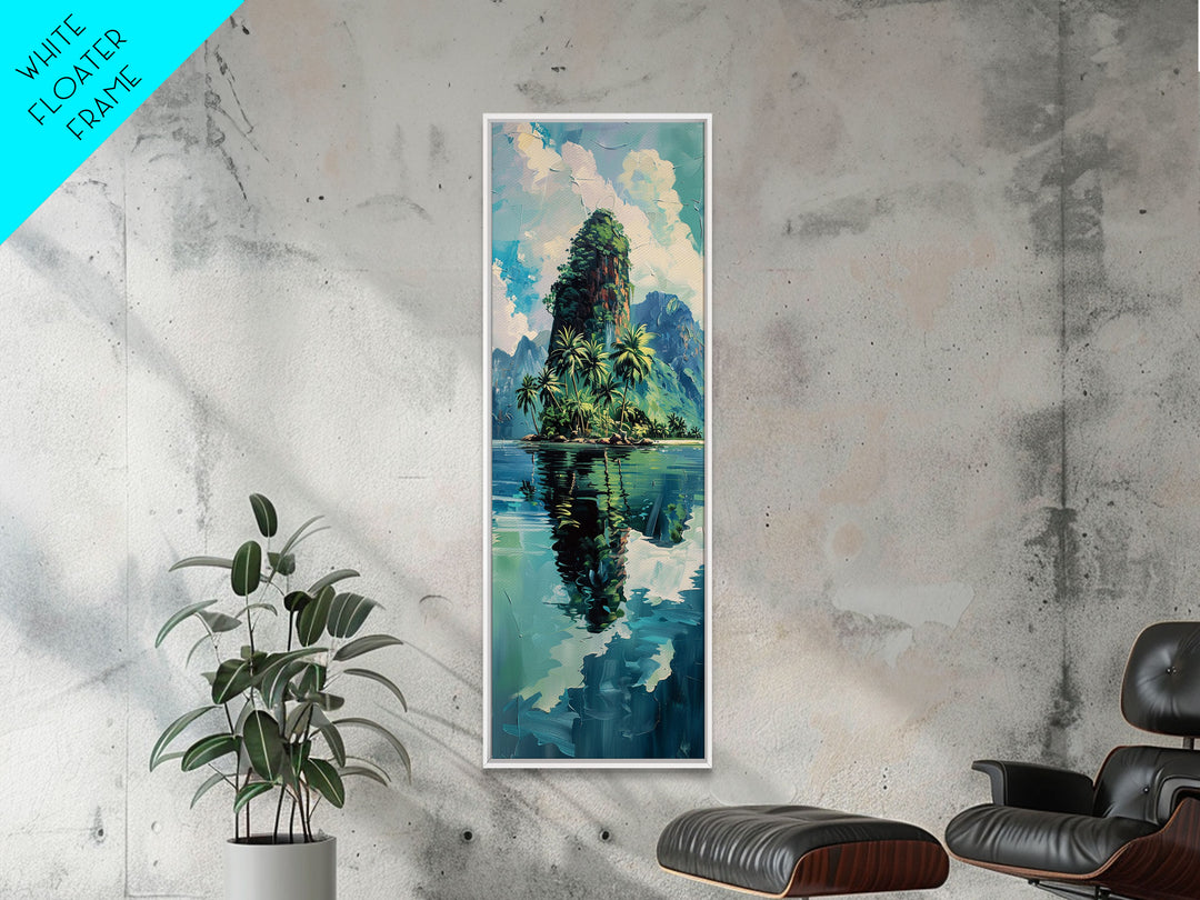 Tropical Island Paradise Scene With Mountain Reflections Skinny Art Framed Canvas Print For Living Room Or Bedroom Wall Art