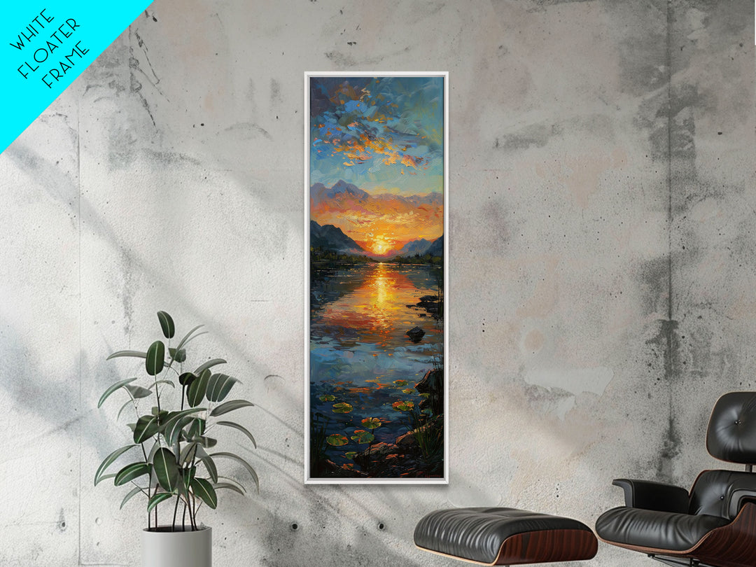 Vibrant Sunset Over Lake Art - Framed Canvas Print, Skinny Tall Art, Landscape Painting, Wall Art for Living Room, Bedroom Decor, Sunset Art