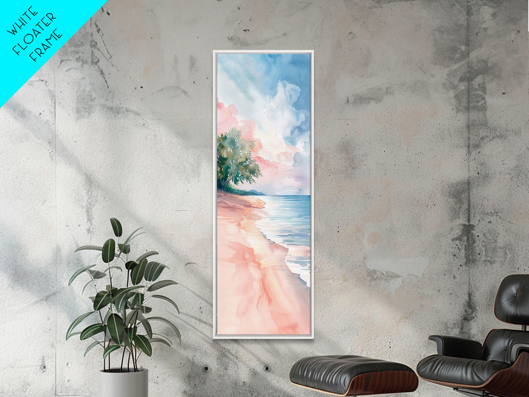 Tropical Beach Watercolor Art - Framed Canvas Print, Skinny Tall Art, Coastal Landscape Wall Art, Living Room Decor, Bedroom Art, Tropical Print