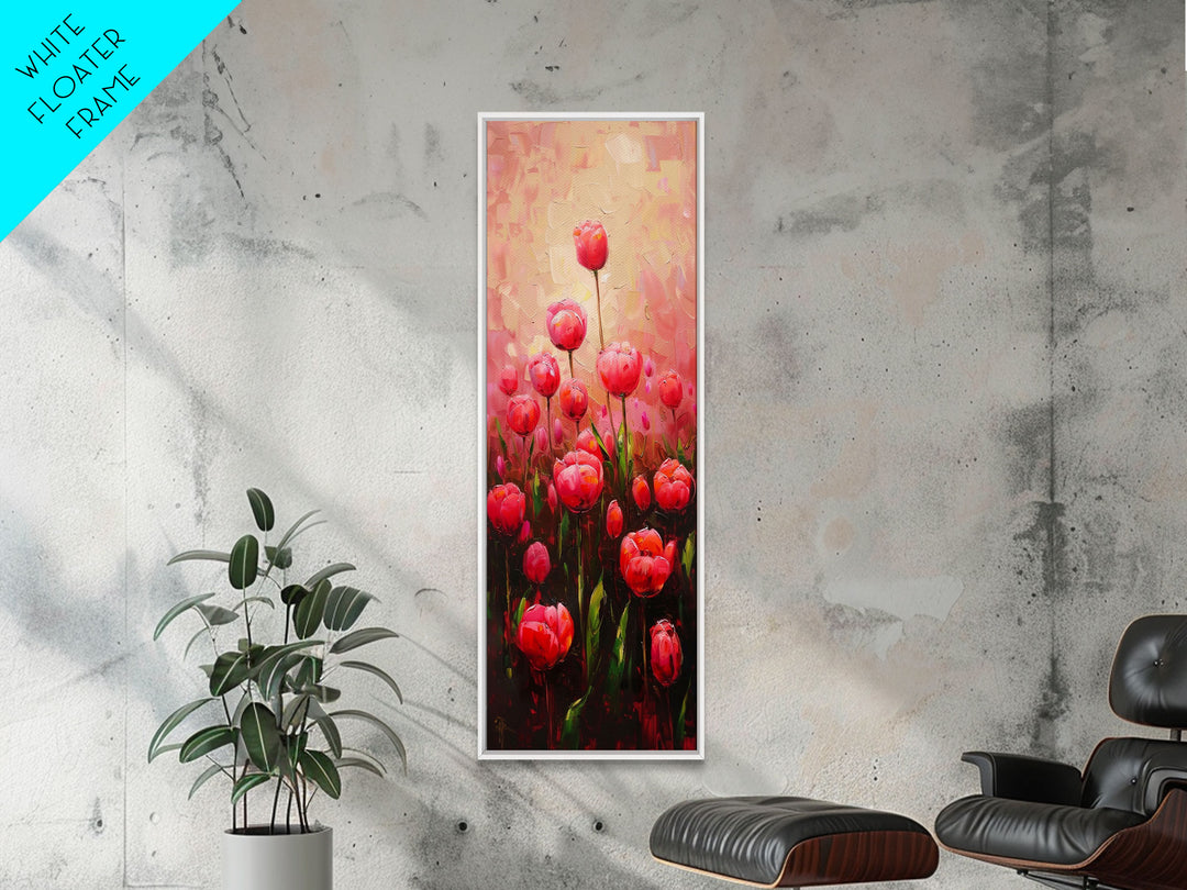 Vibrant Red Tulips in Bloom Against a Soft Pink Background on a Framed Canvas Print Skinny Art Piece