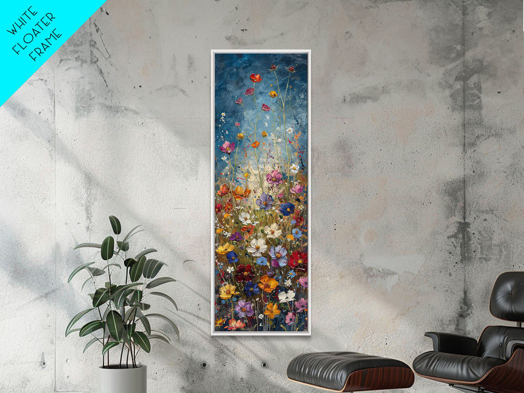 Wildflowers Blooming Against a Dramatic Sky in a Lush Meadow on a Framed Canvas Print Tall Art Piece