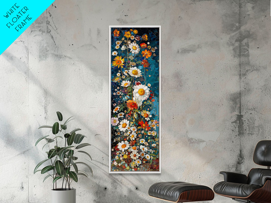 Tall Skinny Art of Vibrant Floral Mosaic on Blue Background as Framed Canvas Print for Bright Wall Decor and Home Interiors