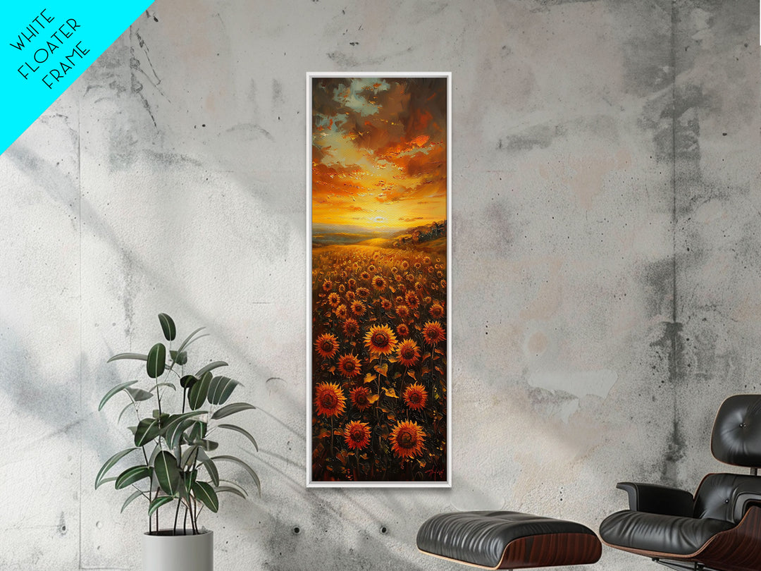 Sunflowers in Golden Sunset, Tall Skinny Art Framed Canvas Print Ideal for Warm Wall Decor in Living Rooms or Bedrooms