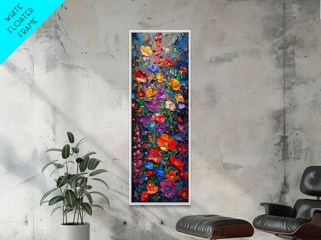 Vibrant Floral Cascade on Textured Canvas as Tall Skinny Art Framed Canvas Print for Colorful Wall Decor in Modern Interiors