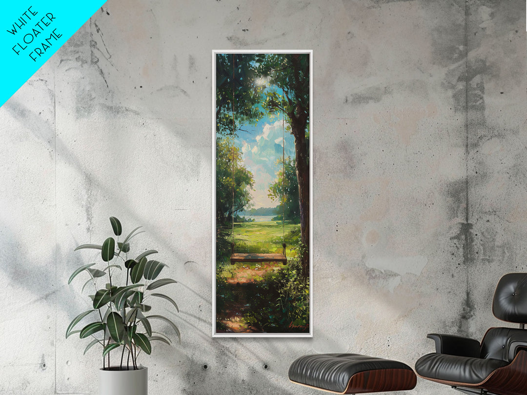 The Tree Swing Framed Canvas Print, Spring Time Decor, Tall Art, Statement Piece, Whimsical Boho Style Wall Art