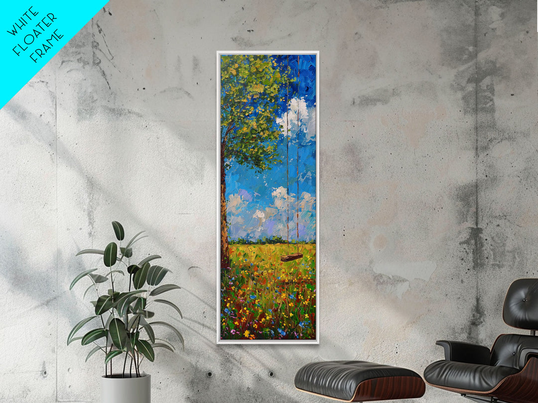 The Tree Swing Framed Canvas Print, Spring Time Decor, Tall Art, Statement Piece, Whimsical Boho Style Wall Art