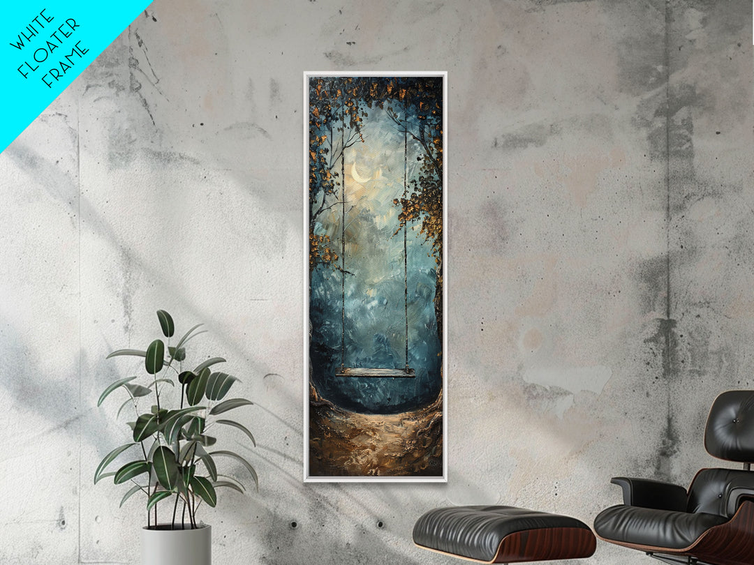 Tree Swing At Midnight Framed Canvas Print, Secret Garden, Dark Academia, Whimsical Minimalist Wall Art, Night Time Under a Crescent Moon