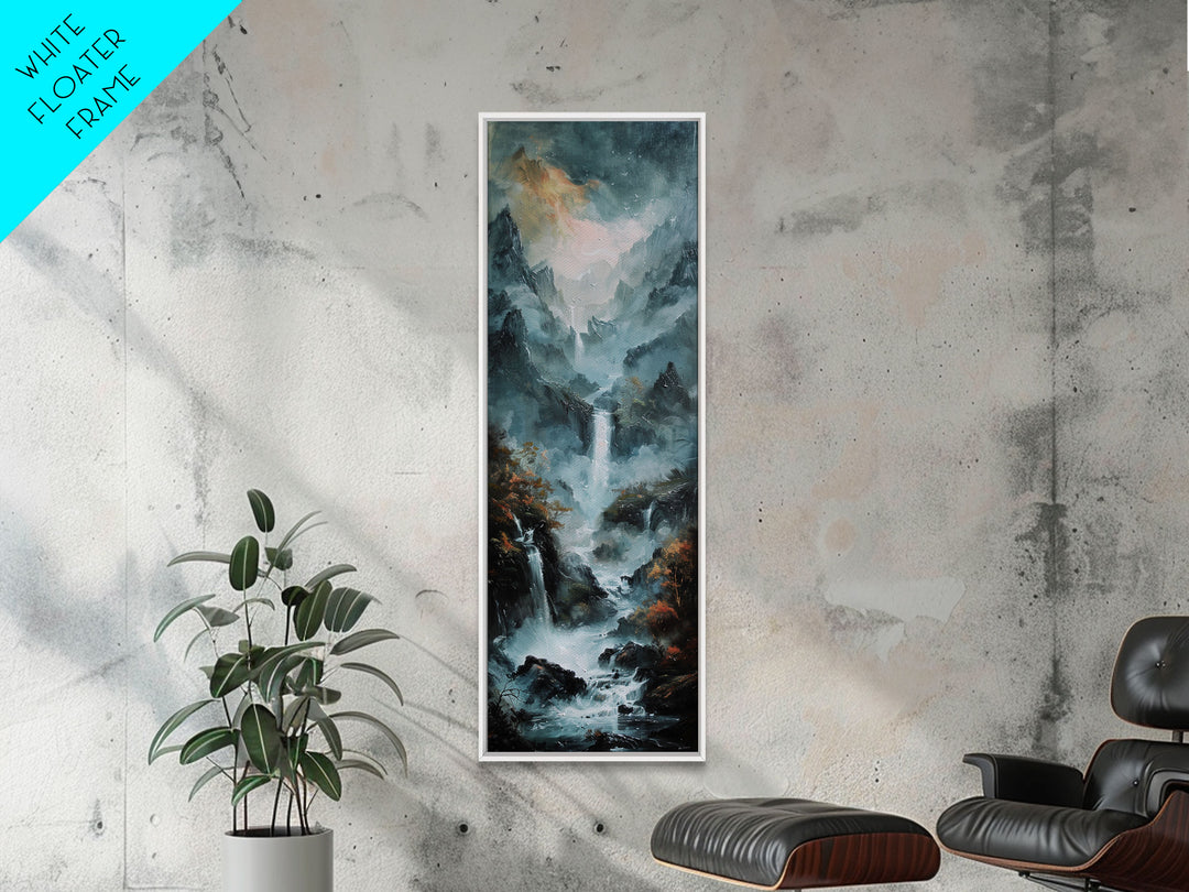 Waterfalls Against A Dark Mountain Landscape, Framed Canvas Print, Wood Frame Wall Art, Unique Decor, Farmhouse Wall Art, Tall / Skinny Wall Art