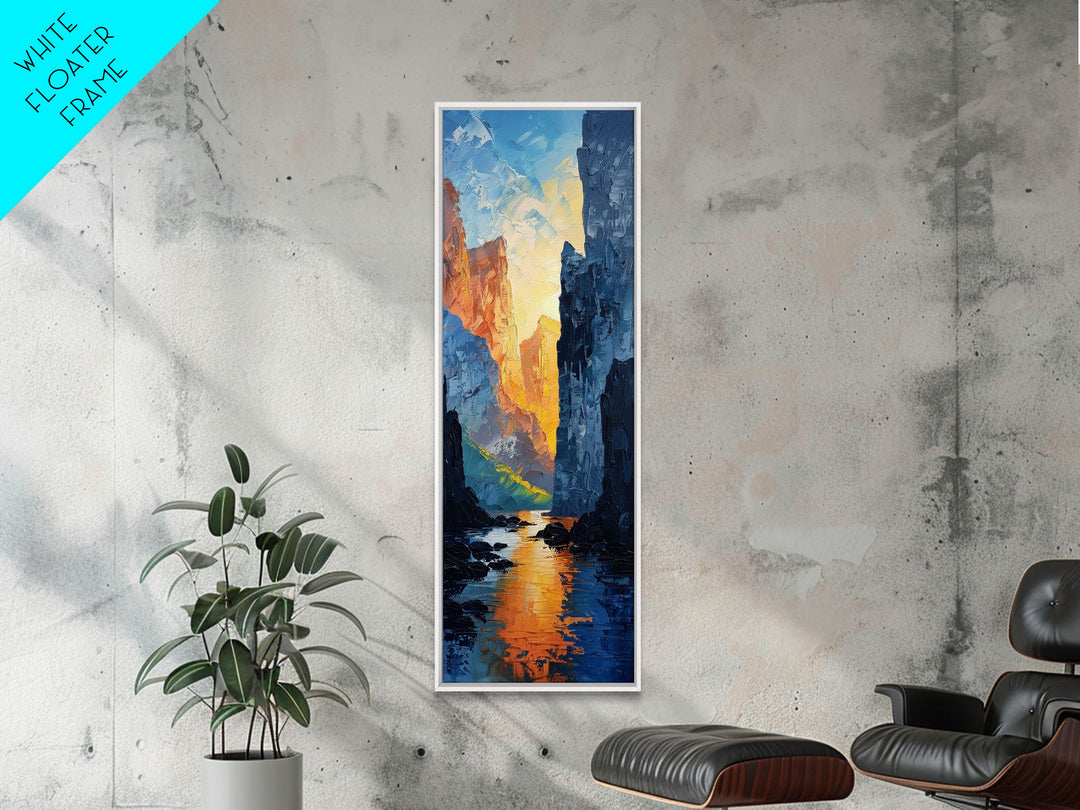 Sunset Peaks Through The Mountain Valley, Framed Canvas Print, Retro MCM Inspired Landscape Painting, Living Room Or Office Decor