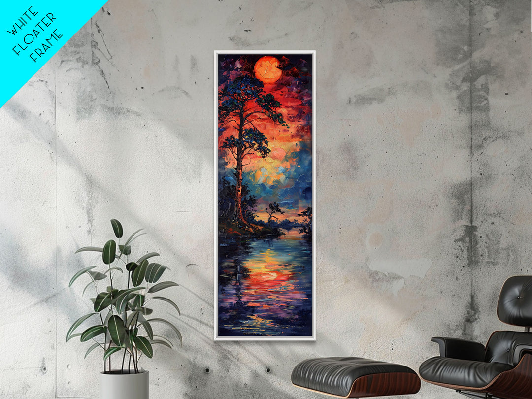 Sunset At The Lake, Framed Canvas Print, Colorful Gift Idea, Housewarming, Tall / Skinny Panoramic Painting Print, Living Room Wall Art