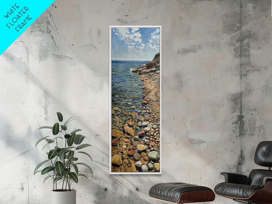 Tranquil Shoreline With Colorful Pebbles, Rustic Farmhouse Art On Framed Canvas, Minimalist Coastal Wall Art In Tall Canvas Print