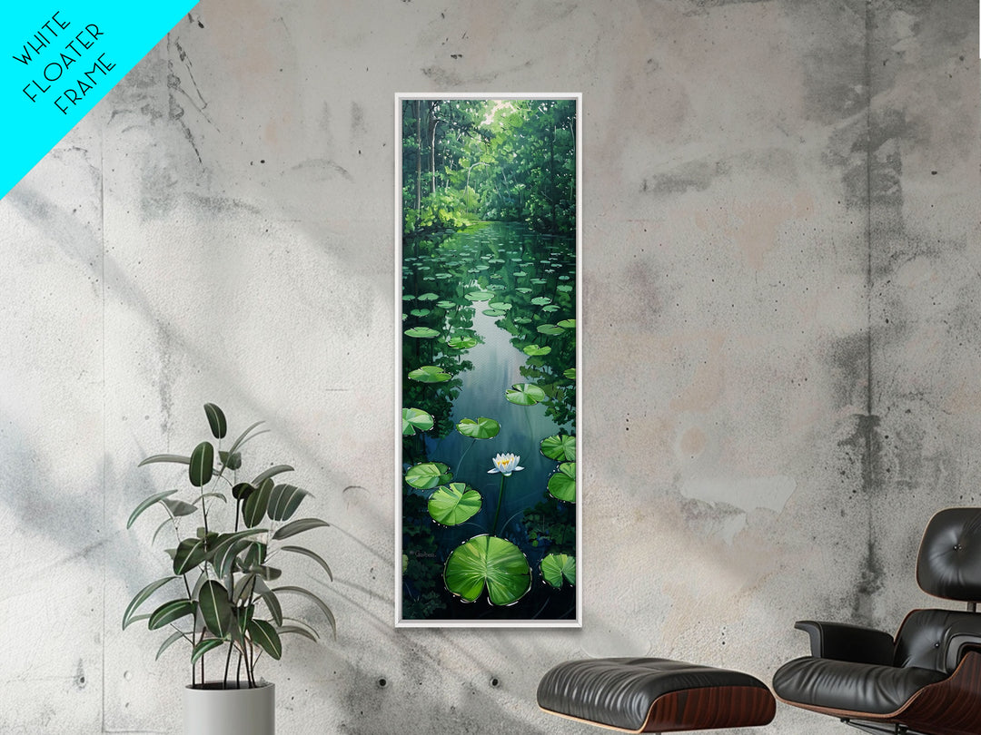 Tranquil Lily Pond Surrounded By Lush Forest, Boho And Minimalist Art For Nature Lovers, Farmhouse Wall Art In Tall Canvas Print