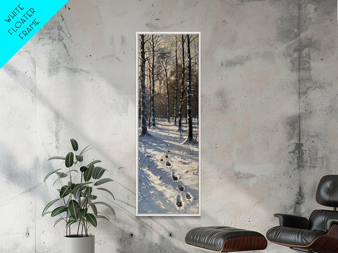 Snowy Forest Path With Footprints, Winter Scene In Farmhouse Style, Tall Canvas Print For Rustic Boho Wall Art