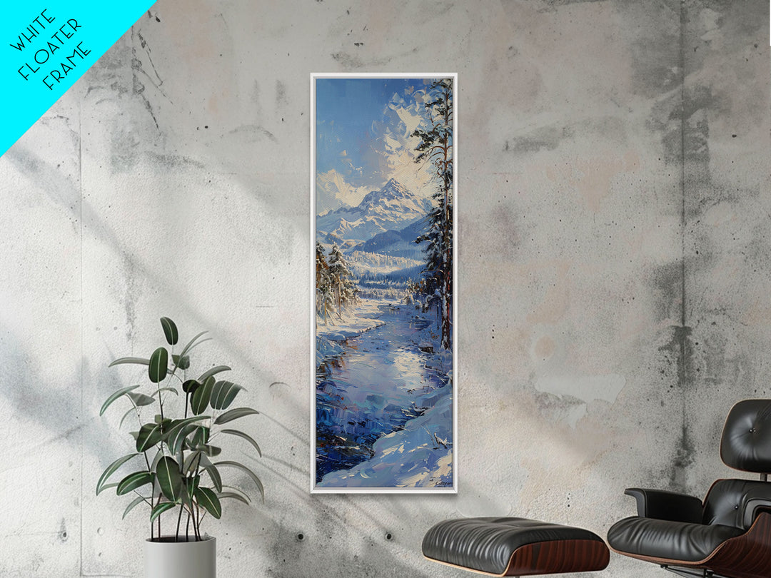 Snow-Covered Mountain Landscape With Icy River, Minimalist Farmhouse Art For Winter Decor, Boho Style Wall Art In Tall Canvas Print