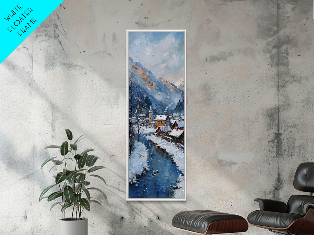 Tranquil Winter Village Scene Snowy River Minimalist Farmhouse Art Framed Canvas Print Tall Art Ukiyo-e Japanese Style Art