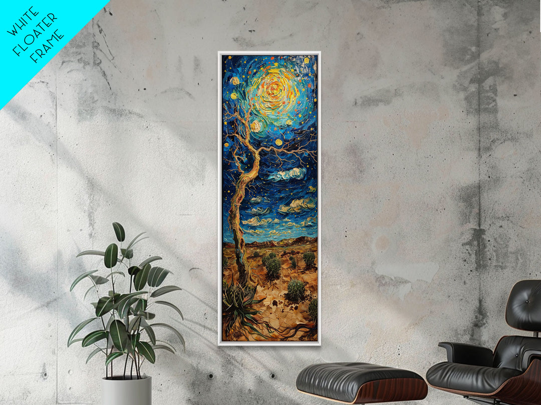 Vibrant Night Sky Desert Tree Whimsical Boho Starry Landscape Framed Canvas Print Tall Art Japanese Style Art