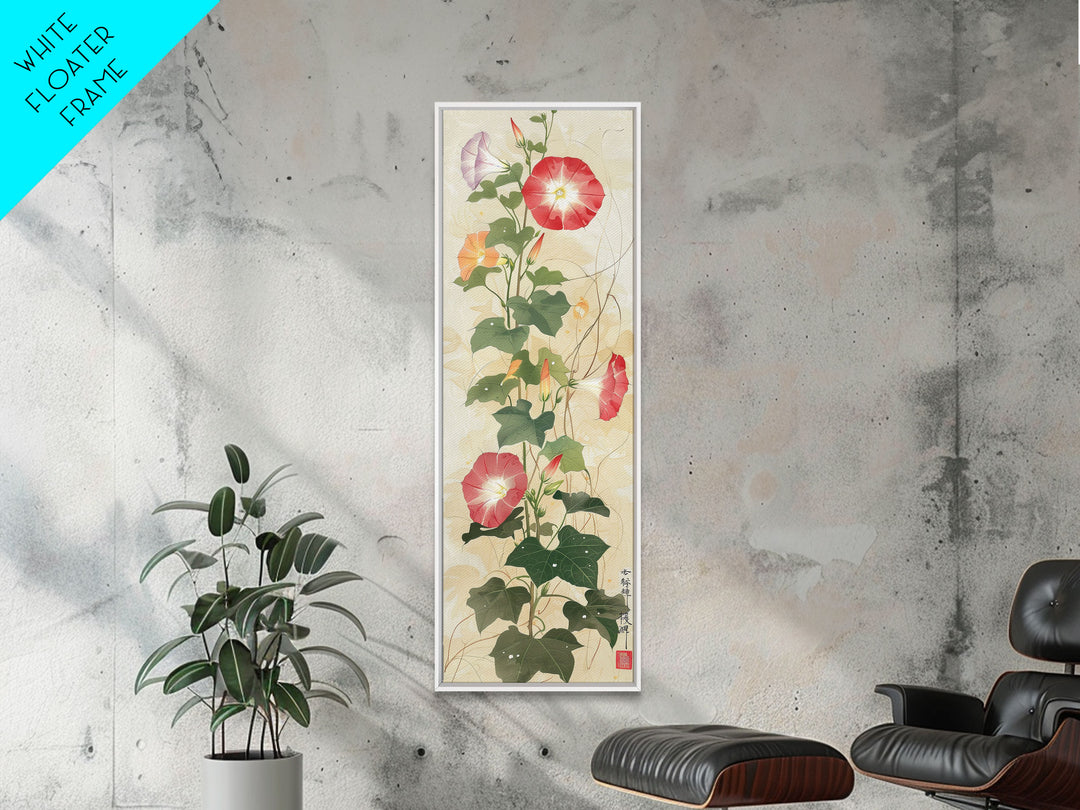 Vibrant Morning Glories Bloom Skinny Art Tall Art Japanese Ukiyo-e Inspired Floral Print Framed Canvas Wall Art