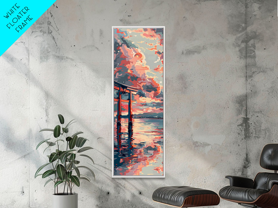 Tranquil Torii Gate Skinny Art Tall Art Japanese Ukiyo-e Inspired Spiritual Landscape Framed Canvas Print