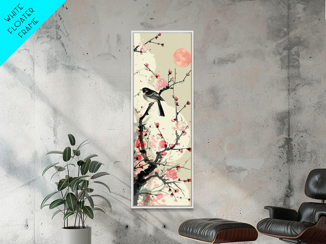 Songbird on Cherry Blossom Skinny Art Tall Art Japanese Ukiyo-e Inspired Bird and Nature Framed Canvas Print