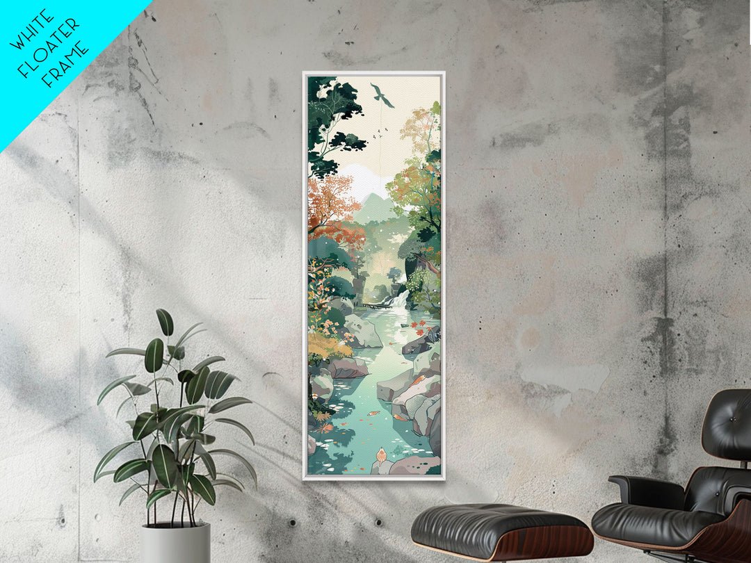 Tranquil Mountain Stream Surrounded by Autumn Leaves on Tall Vertical Japanese-Inspired Canvas Print for Nature Lovers