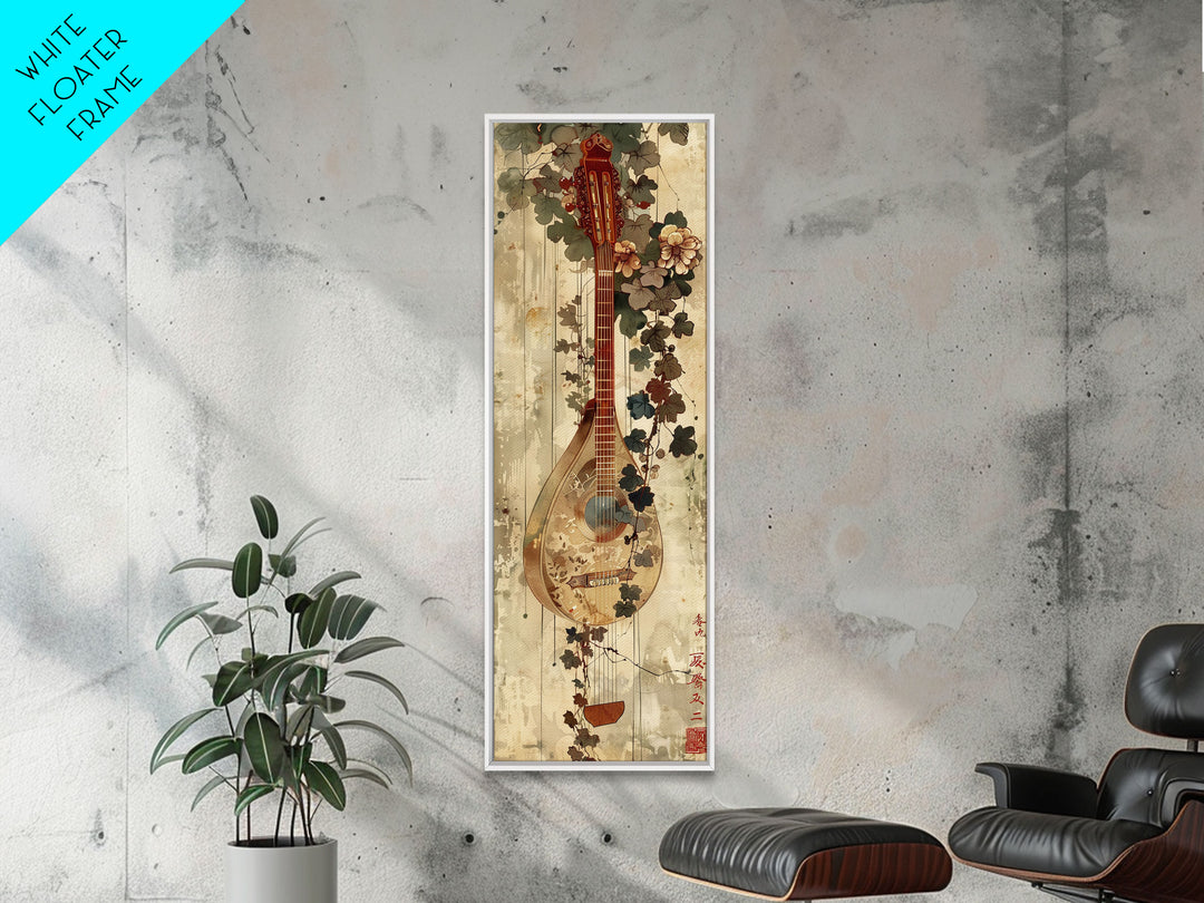 Vintage Mandolin, Autumn Foliage, Japanese Art, Skinny Art, Tall Art, Framed Canvas Print, Ukiyo-e Style