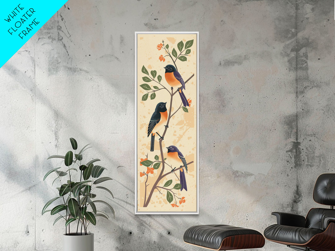 Three Birds Perched On A Branch Japanese Style Framed Canvas Print, Traditional Illustration Art Ready To Hang For Home Decor