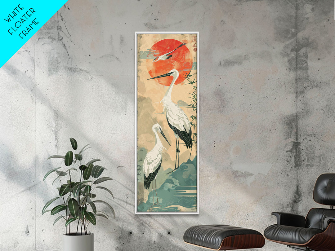 Tall Japanese Cranes Under a Vibrant Red Sun Ukiyo-e Art Skinny Framed Canvas Print Traditional Japanese Nature Scene