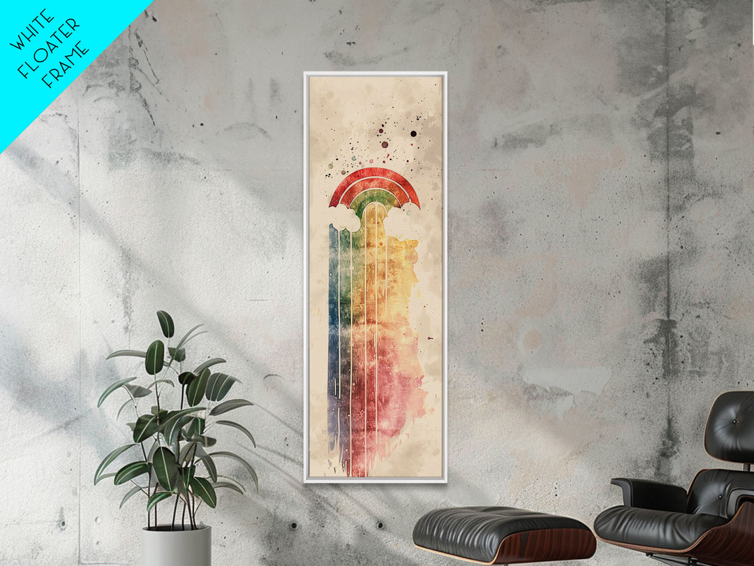 Vintage-Inspired Rainbow Waterfall Ukiyo-e Art Skinny Framed Canvas Print in Neutral Tones