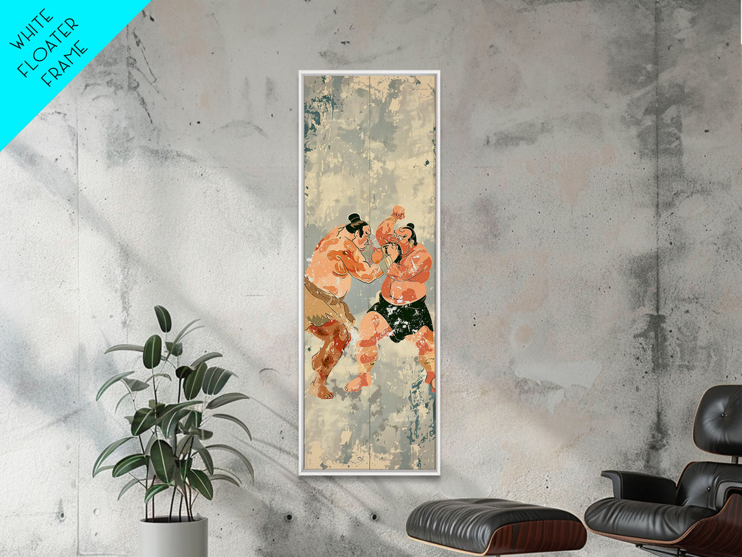 Sumo Wrestlers in Action Skinny Ukiyo-e Art Tall Framed Canvas Print with Japanese Cultural Heritage