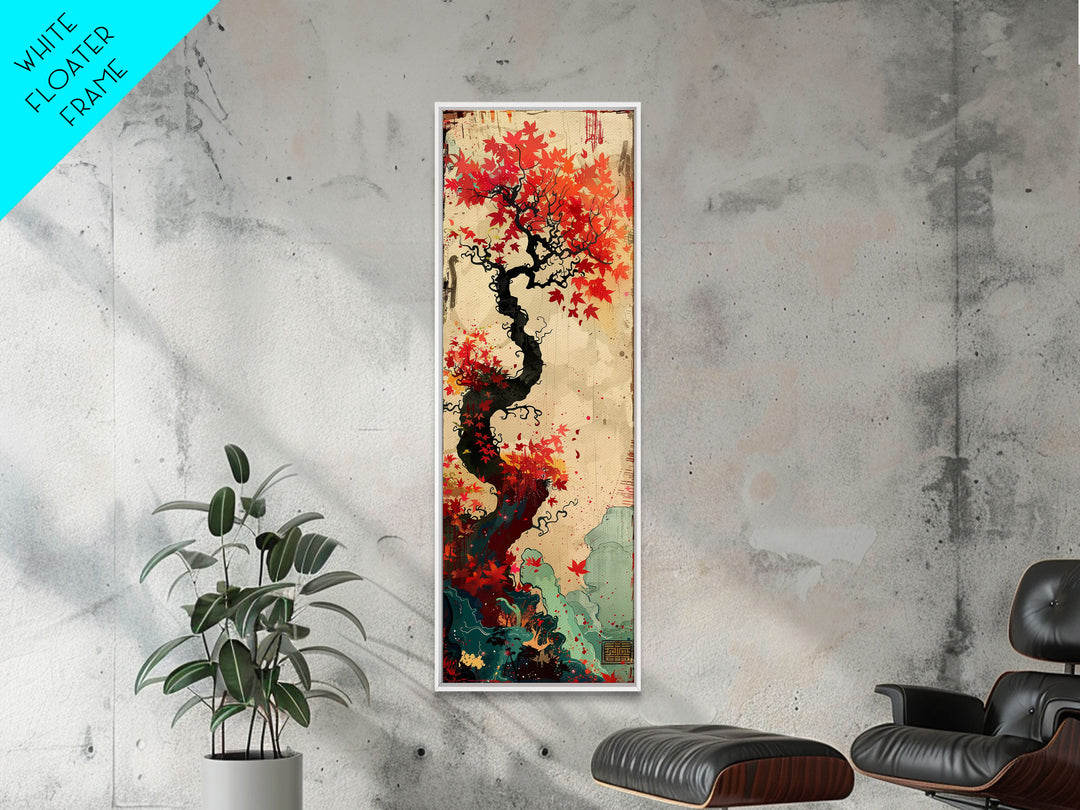 Twisted Tree with Red Maple Leaves Skinny Art Ukiyo-e Japanese Framed Canvas Print in Autumn Colors