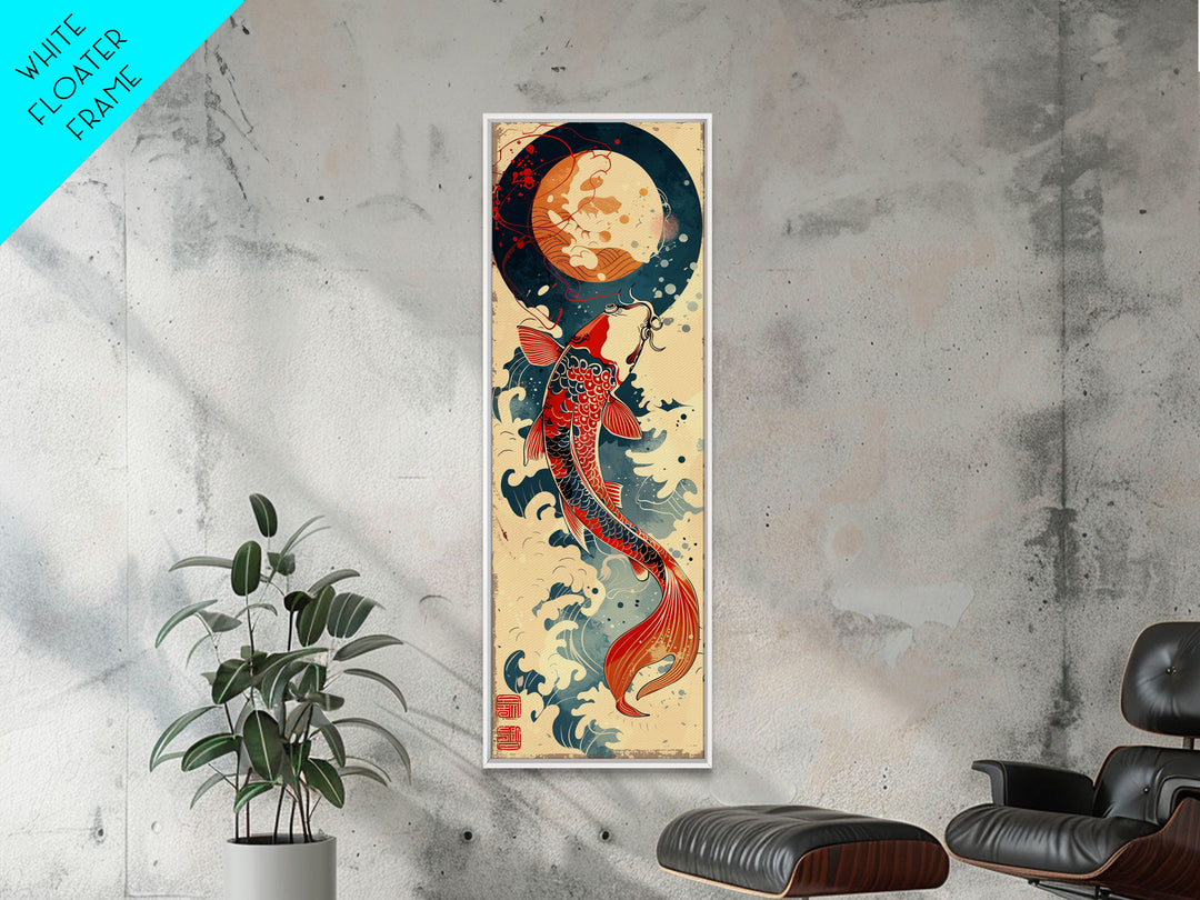 Vibrant Koi Fish Swimming Toward the Moon Skinny Art Ukiyo-e Tall Framed Canvas Print with Japanese Mythology Elements